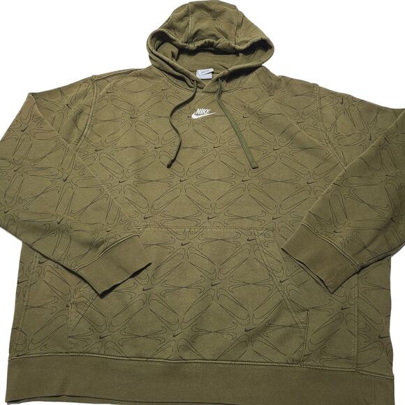 Nike Club Center Swoosh Hoodie AOP All Over Logo Olive Green Medium DM7930-326 - Picture 1 of 8